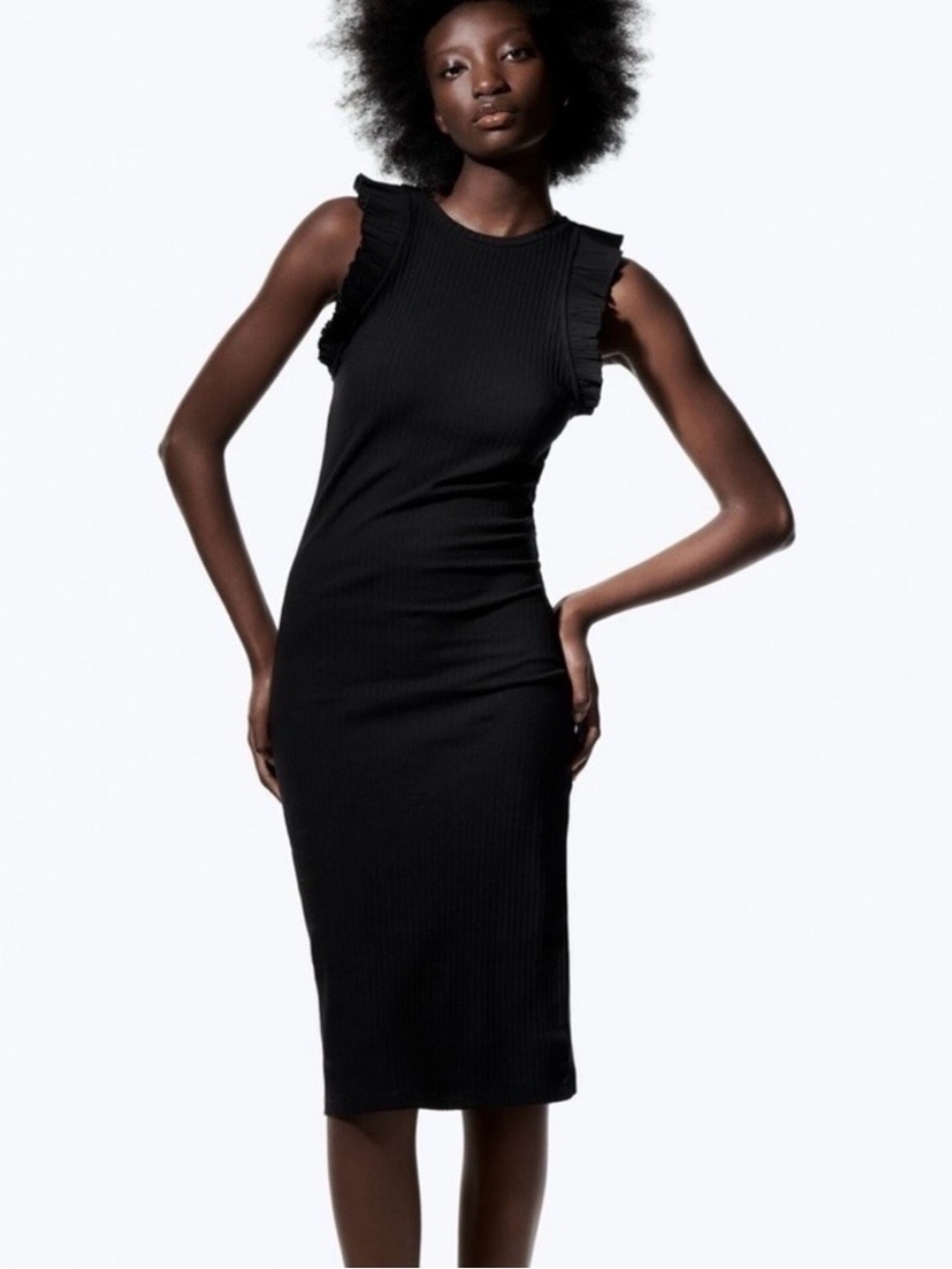 NWT Zara Black Ruffle Ribbed Dress